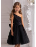 One Shoulder Black Sequin Tulle Flower Girl Dress